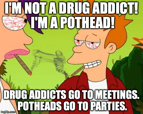 Pothead Fry | I'M NOT A DRUG ADDICT! I'M A POTHEAD! DRUG ADDICTS GO TO MEETINGS. POTHEADS GO TO PARTIES. | image tagged in memes,pothead fry | made w/ Imgflip meme maker