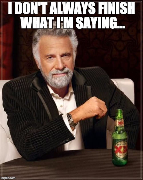 The Most Interesting Man In The World Meme | I DON'T ALWAYS FINISH WHAT I'M SAYING... | image tagged in memes,the most interesting man in the world | made w/ Imgflip meme maker