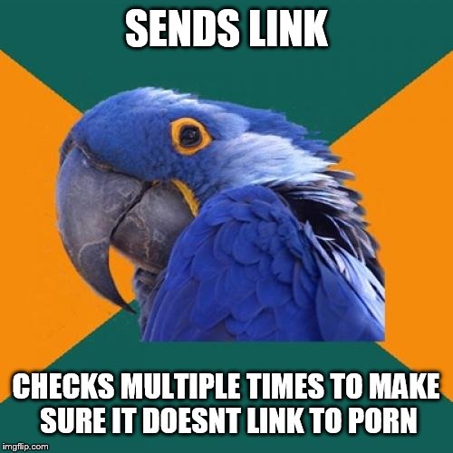 Paranoid Parrot Meme | SENDS LINK CHECKS MULTIPLE TIMES TO MAKE SURE IT DOESNT LINK TO PORN | image tagged in memes,paranoid parrot | made w/ Imgflip meme maker