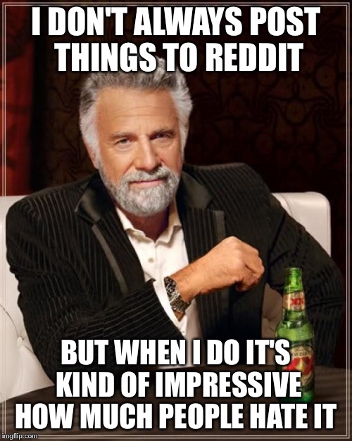 The Most Interesting Man In The World | I DON'T ALWAYS POST THINGS TO REDDIT BUT WHEN I DO IT'S KIND OF IMPRESSIVE HOW MUCH PEOPLE HATE IT | image tagged in memes,the most interesting man in the world | made w/ Imgflip meme maker