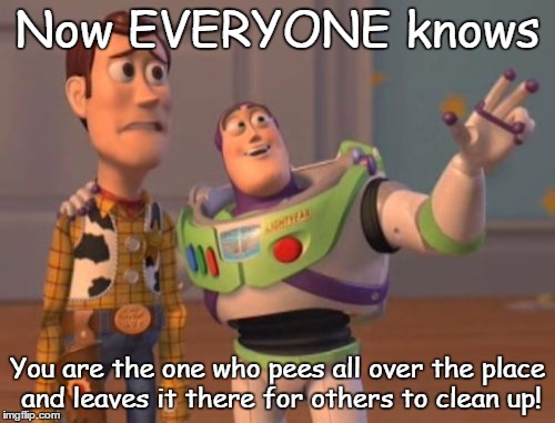 For all the losers who don't clean up their own waste in public bathrooms! | Now EVERYONE knows You are the one who pees all over the place and leaves it there for others to clean up! | image tagged in memes,x x everywhere | made w/ Imgflip meme maker