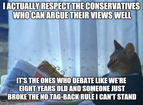 I Should Buy A Boat Cat | I ACTUALLY RESPECT THE CONSERVATIVES WHO CAN ARGUE THEIR VIEWS WELL IT'S THE ONES WHO DEBATE LIKE WE'RE EIGHT YEARS OLD AND SOMEONE JUST BRO | image tagged in memes,i should buy a boat cat | made w/ Imgflip meme maker
