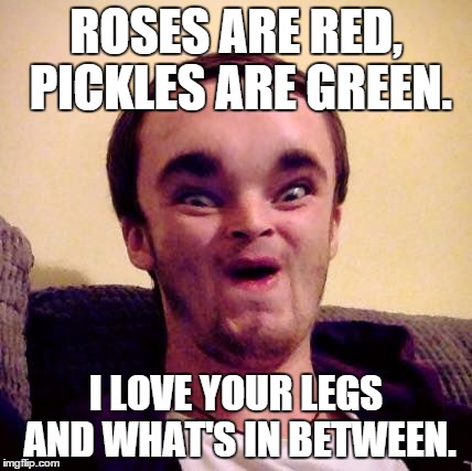 Alien Man Dan | ROSES ARE RED, PICKLES ARE GREEN. I LOVE YOUR LEGS AND WHAT'S IN BETWEEN. | image tagged in alien man dan | made w/ Imgflip meme maker