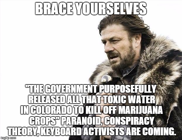 Brace Yourselves X is Coming | BRACE YOURSELVES "THE GOVERNMENT PURPOSEFULLY RELEASED ALL THAT TOXIC WATER IN COLORADO TO KILL OFF MARIJUANA CROPS" PARANOID, CONSPIRACY TH | image tagged in memes,brace yourselves x is coming | made w/ Imgflip meme maker