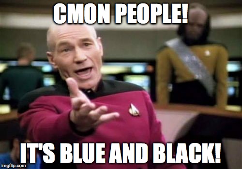 Picard Wtf Meme | CMON PEOPLE! IT'S BLUE AND BLACK! | image tagged in memes,picard wtf | made w/ Imgflip meme maker