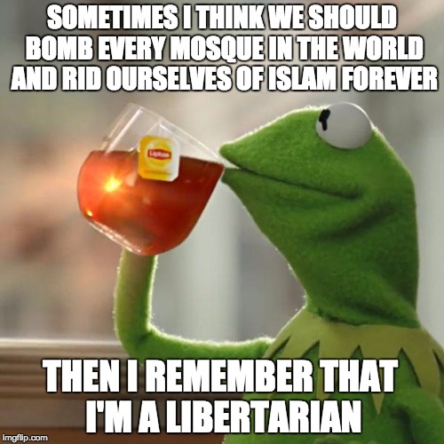 But That's None Of My Business Meme | SOMETIMES I THINK WE SHOULD BOMB EVERY MOSQUE IN THE WORLD AND RID OURSELVES OF ISLAM FOREVER THEN I REMEMBER THAT I'M A LIBERTARIAN | image tagged in memes,but thats none of my business,kermit the frog,islam,libertarian | made w/ Imgflip meme maker