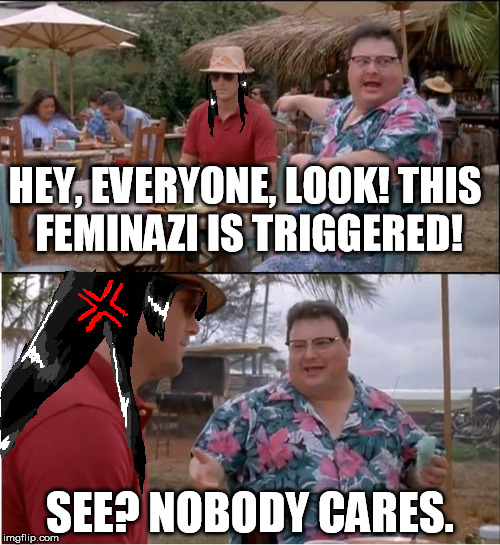 See Nobody Cares Meme | HEY, EVERYONE, LOOK! THIS FEMINAZI IS TRIGGERED! SEE? NOBODY CARES. | image tagged in memes,see nobody cares | made w/ Imgflip meme maker