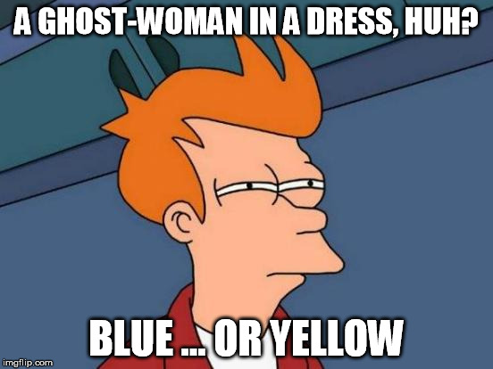 The Controversy Thickens | A GHOST-WOMAN IN A DRESS, HUH? BLUE ... OR YELLOW | image tagged in memes,futurama fry | made w/ Imgflip meme maker