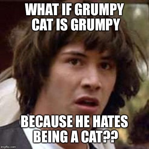 Conspiracy Keanu Meme | WHAT IF GRUMPY CAT IS GRUMPY BECAUSE HE HATES BEING A CAT?? | image tagged in memes,conspiracy keanu | made w/ Imgflip meme maker