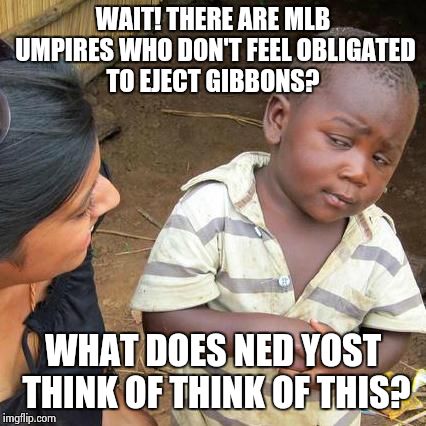 Third World Skeptical Kid | WAIT! THERE ARE MLB UMPIRES WHO DON'T FEEL OBLIGATED TO EJECT GIBBONS? WHAT DOES NED YOST THINK OF THINK OF THIS? | image tagged in memes,third world skeptical kid | made w/ Imgflip meme maker