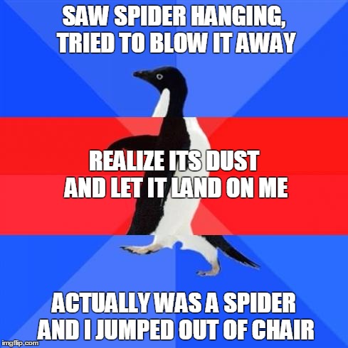Awkward awesome awkward penguin | SAW SPIDER HANGING, TRIED TO BLOW IT AWAY ACTUALLY WAS A SPIDER AND I JUMPED OUT OF CHAIR REALIZE ITS DUST AND LET IT LAND ON ME | image tagged in awkward awesome awkward penguin,AdviceAnimals | made w/ Imgflip meme maker