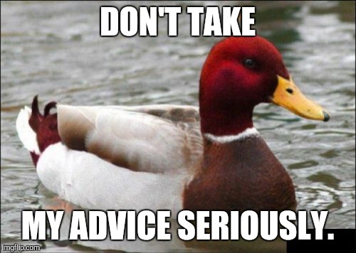 Malicious Advice Mallard | DON'T TAKE MY ADVICE SERIOUSLY. | image tagged in memes,malicious advice mallard | made w/ Imgflip meme maker