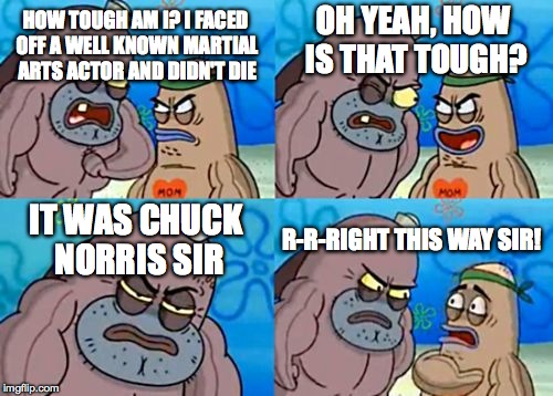 How Tough Are You | HOW TOUGH AM I? I FACED OFF A WELL KNOWN MARTIAL ARTS ACTOR AND DIDN'T DIE OH YEAH, HOW IS THAT TOUGH? IT WAS CHUCK NORRIS SIR R-R-RIGHT THI | image tagged in memes,how tough are you | made w/ Imgflip meme maker