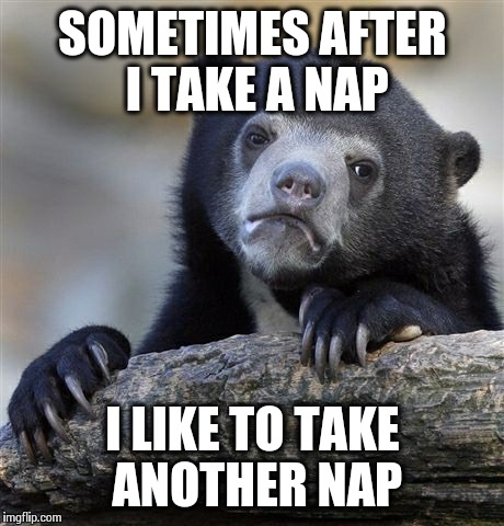 Looks like it's nap time again... | SOMETIMES AFTER I TAKE A NAP I LIKE TO TAKE ANOTHER NAP | image tagged in memes,confession bear | made w/ Imgflip meme maker