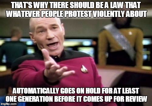 Picard Wtf Meme | THAT'S WHY THERE SHOULD BE A LAW THAT WHATEVER PEOPLE PROTEST VIOLENTLY ABOUT AUTOMATICALLY GOES ON HOLD FOR AT LEAST ONE GENERATION BEFORE  | image tagged in memes,picard wtf | made w/ Imgflip meme maker