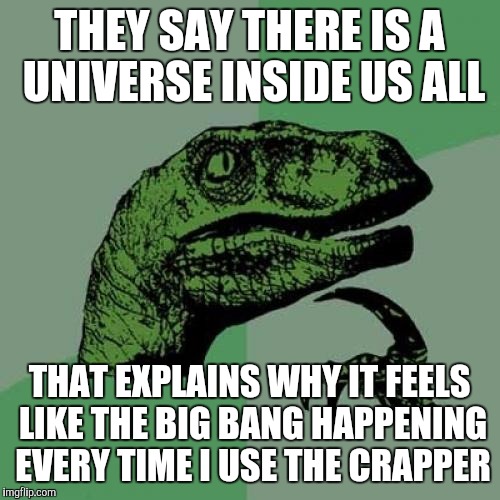 Philosoraptor | THEY SAY THERE IS A UNIVERSE INSIDE US ALL THAT EXPLAINS WHY IT FEELS LIKE THE BIG BANG HAPPENING EVERY TIME I USE THE CRAPPER | image tagged in memes,philosoraptor | made w/ Imgflip meme maker