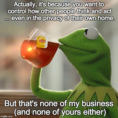 But That's None Of My Business Meme | Actually, it's because you want to control how other people think and act ... even in the privacy of their own home. But that's none of my b | image tagged in memes,but thats none of my business,kermit the frog | made w/ Imgflip meme maker