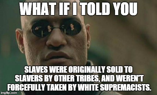 Matrix Morpheus | WHAT IF I TOLD YOU SLAVES WERE ORIGINALLY SOLD TO SLAVERS BY OTHER TRIBES, AND WEREN'T FORCEFULLY TAKEN BY WHITE SUPREMACISTS. | image tagged in memes,matrix morpheus | made w/ Imgflip meme maker