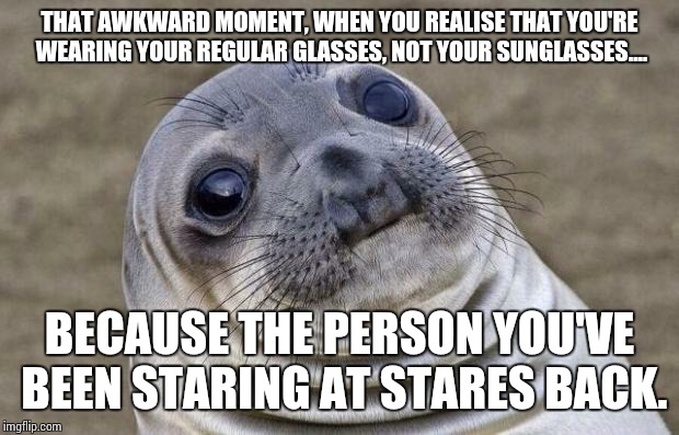 Awkward Moment Sealion | THAT AWKWARD MOMENT, WHEN YOU REALISE THAT YOU'RE WEARING YOUR REGULAR GLASSES, NOT YOUR SUNGLASSES.... BECAUSE THE PERSON YOU'VE BEEN STARI | image tagged in memes,awkward moment sealion | made w/ Imgflip meme maker