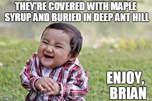 Evil Toddler Meme | THEY'RE COVERED WITH MAPLE SYRUP AND BURIED IN DEEP ANT HILL ENJOY,  BRIAN | image tagged in memes,evil toddler | made w/ Imgflip meme maker