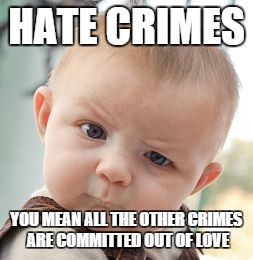 Skeptical Baby | HATE CRIMES YOU MEAN ALL THE OTHER CRIMES ARE COMMITTED OUT OF LOVE | image tagged in memes,skeptical baby | made w/ Imgflip meme maker