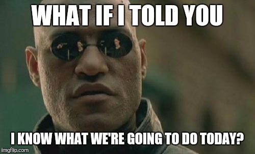 Matrix Morpheus Meme | WHAT IF I TOLD YOU I KNOW WHAT WE'RE GOING TO DO TODAY? | image tagged in memes,matrix morpheus | made w/ Imgflip meme maker