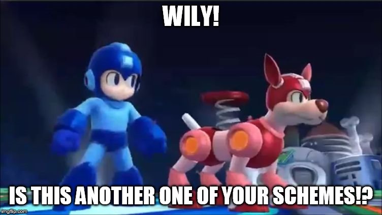Megaman and Rush | WILY! IS THIS ANOTHER ONE OF YOUR SCHEMES!? | image tagged in megaman and rush | made w/ Imgflip meme maker