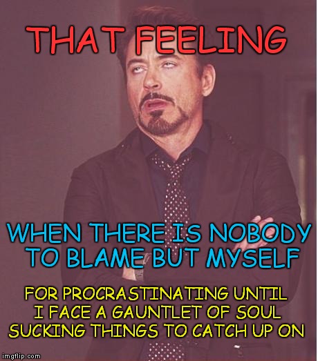 Spending too much time on imgflip. | THAT FEELING FOR PROCRASTINATING UNTIL I FACE A GAUNTLET OF SOUL SUCKING THINGS TO CATCH UP ON WHEN THERE IS NOBODY TO BLAME BUT MYSELF | image tagged in memes,face you make robert downey jr | made w/ Imgflip meme maker