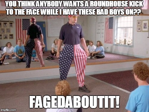YOU THINK ANYBODY WANTS A ROUNDHOUSE KICK TO THE FACE WHILE I HAVE THESE BAD BOYS ON?? F*GEDABOUTIT! | image tagged in fagedaboutit pants | made w/ Imgflip meme maker