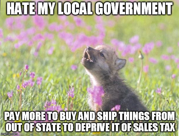 Baby Insanity Wolf Meme | HATE MY LOCAL GOVERNMENT PAY MORE TO BUY AND SHIP THINGS FROM OUT OF STATE TO DEPRIVE IT OF SALES TAX | image tagged in memes,baby insanity wolf,AdviceAnimals | made w/ Imgflip meme maker