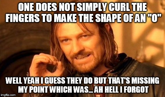 One Does Not Simply | ONE DOES NOT SIMPLY CURL THE FINGERS TO MAKE THE SHAPE OF AN "O" WELL YEAH I GUESS THEY DO BUT THAT'S MISSING MY POINT WHICH WAS... AH HELL  | image tagged in memes,one does not simply | made w/ Imgflip meme maker