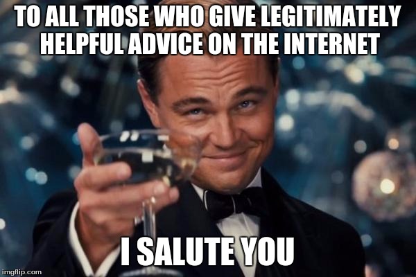 Leonardo Dicaprio Cheers Meme | TO ALL THOSE WHO GIVE LEGITIMATELY HELPFUL ADVICE ON THE INTERNET I SALUTE YOU | image tagged in memes,leonardo dicaprio cheers | made w/ Imgflip meme maker