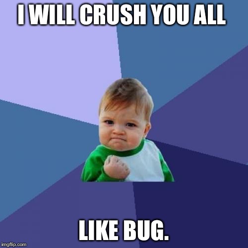 Success Kid | I WILL CRUSH YOU ALL LIKE BUG. | image tagged in memes,success kid | made w/ Imgflip meme maker