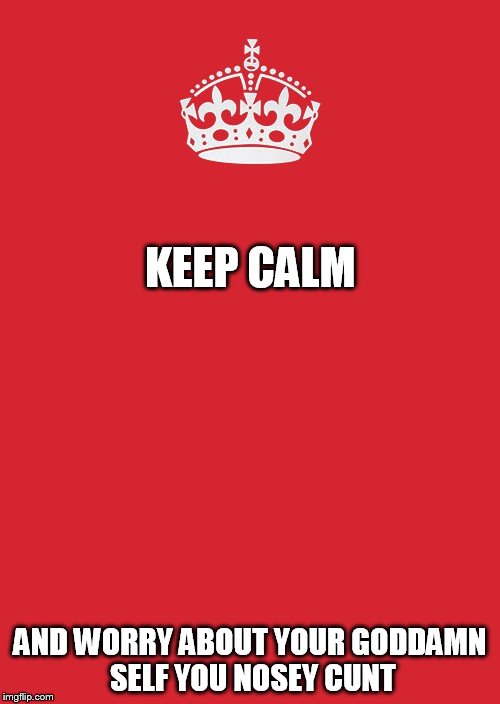 Keep Calm And Carry On Red Meme | KEEP CALM AND WORRY ABOUT YOUR GO***MN SELF YOU NOSEY C**T | image tagged in memes,keep calm and carry on red | made w/ Imgflip meme maker