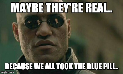Matrix Morpheus Meme | MAYBE THEY'RE REAL.. BECAUSE WE ALL TOOK THE BLUE PILL.. | image tagged in memes,matrix morpheus | made w/ Imgflip meme maker