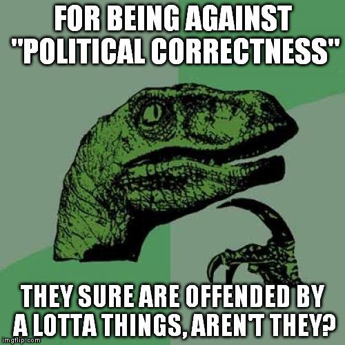 Philosoraptor | FOR BEING AGAINST "POLITICAL CORRECTNESS" THEY SURE ARE OFFENDED BY A LOTTA THINGS, AREN'T THEY? | image tagged in memes,philosoraptor | made w/ Imgflip meme maker