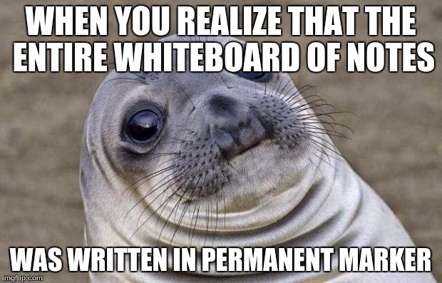 Happened to my Spanish teacher once. | WHEN YOU REALIZE THAT THE ENTIRE WHITEBOARD OF NOTES WAS WRITTEN IN PERMANENT MARKER | image tagged in memes,awkward moment sealion,school,notes | made w/ Imgflip meme maker