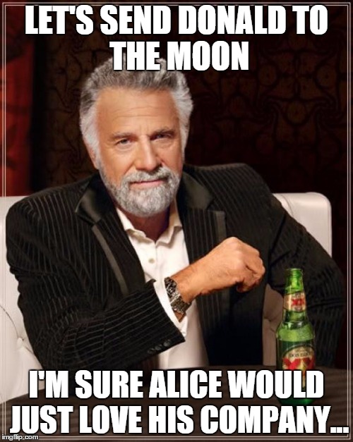 The Most Interesting Man In The World | LET'S SEND DONALD
TO THE MOON I'M SURE ALICE WOULD JUST LOVE HIS COMPANY... | image tagged in memes,the most interesting man in the world | made w/ Imgflip meme maker