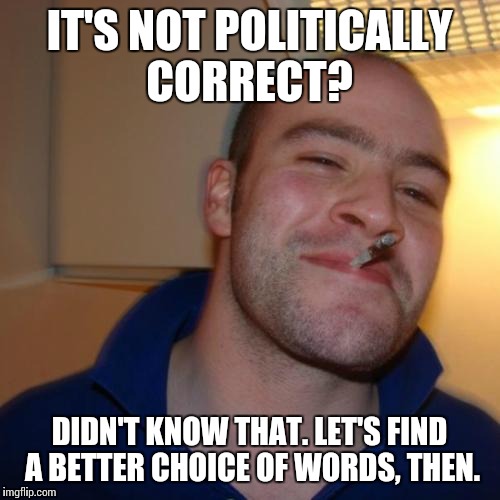 Good Guy Greg Meme | IT'S NOT POLITICALLY CORRECT? DIDN'T KNOW THAT. LET'S FIND A BETTER CHOICE OF WORDS, THEN. | image tagged in memes,good guy greg | made w/ Imgflip meme maker