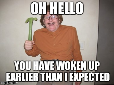What my brother told me when i woke up after a party | OH HELLO YOU HAVE WOKEN UP EARLIER THAN I EXPECTED | image tagged in memes,party,hangover | made w/ Imgflip meme maker
