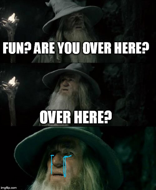 Confused Gandalf | FUN? ARE YOU OVER HERE? OVER HERE? | image tagged in memes,confused gandalf | made w/ Imgflip meme maker