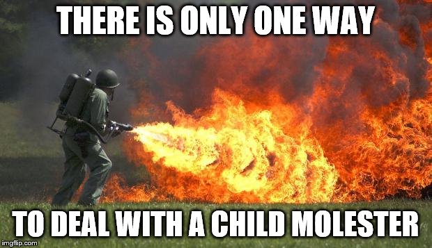 flamethrower | THERE IS ONLY ONE WAY TO DEAL WITH A CHILD MOLESTER | image tagged in flamethrower,memes,there is only one way,fire,burn | made w/ Imgflip meme maker