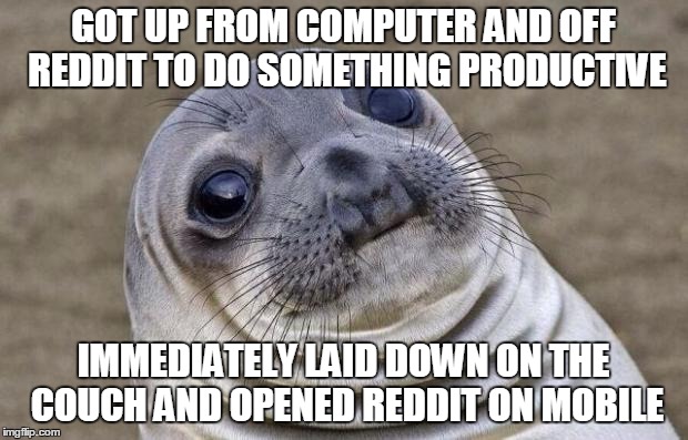Awkward Moment Sealion | GOT UP FROM COMPUTER AND OFF REDDIT TO DO SOMETHING PRODUCTIVE IMMEDIATELY LAID DOWN ON THE COUCH AND OPENED REDDIT ON MOBILE | image tagged in memes,awkward moment sealion,AdviceAnimals | made w/ Imgflip meme maker