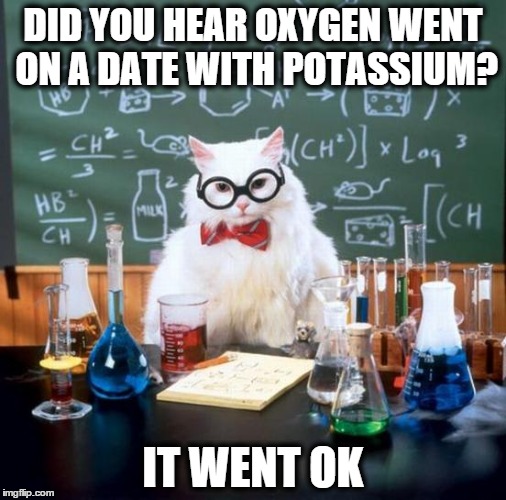 Chemistry Cat | DID YOU HEAR OXYGEN WENT ON A DATE WITH POTASSIUM? IT WENT OK | image tagged in memes,chemistry cat | made w/ Imgflip meme maker