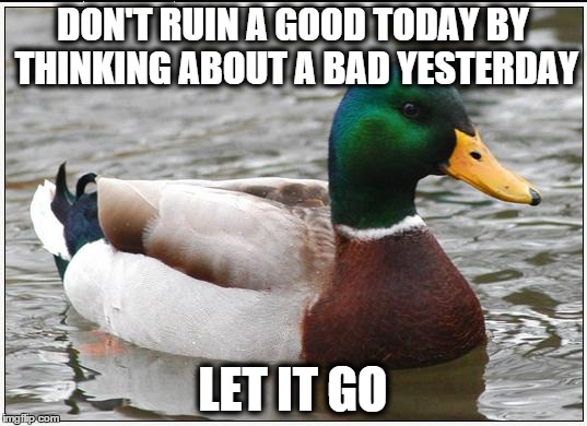 Actual Advice Mallard | DON'T RUIN A GOOD TODAY BY THINKING ABOUT A BAD YESTERDAY LET IT GO | image tagged in memes,actual advice mallard | made w/ Imgflip meme maker