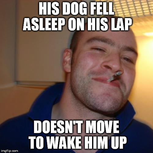 HIS DOG FELL ASLEEP ON HIS LAP DOESN'T MOVE TO WAKE HIM UP | image tagged in good guy greg | made w/ Imgflip meme maker