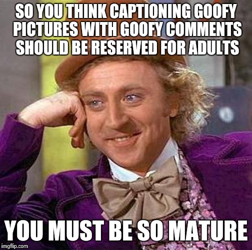 Go to work and let the kids make memes! You cranks! | SO YOU THINK CAPTIONING GOOFY PICTURES WITH GOOFY COMMENTS SHOULD BE RESERVED FOR ADULTS YOU MUST BE SO MATURE | image tagged in memes,creepy condescending wonka | made w/ Imgflip meme maker