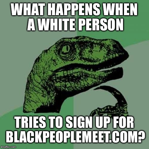 Philosoraptor Meme | WHAT HAPPENS WHEN A WHITE PERSON TRIES TO SIGN UP FOR BLACKPEOPLEMEET.COM? | image tagged in memes,philosoraptor | made w/ Imgflip meme maker