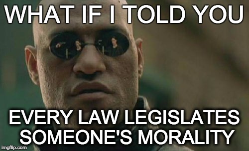 Matrix Morpheus Meme | WHAT IF I TOLD YOU EVERY LAW LEGISLATES SOMEONE'S MORALITY | image tagged in memes,matrix morpheus | made w/ Imgflip meme maker