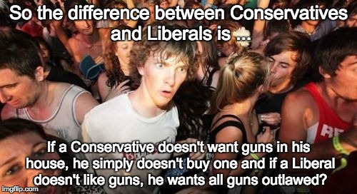 Sudden Clarity Clarence | So the difference between Conservatives and Liberals is ... If a Conservative doesn't want guns in his house, he simply doesn't buy one and  | image tagged in memes,sudden clarity clarence | made w/ Imgflip meme maker